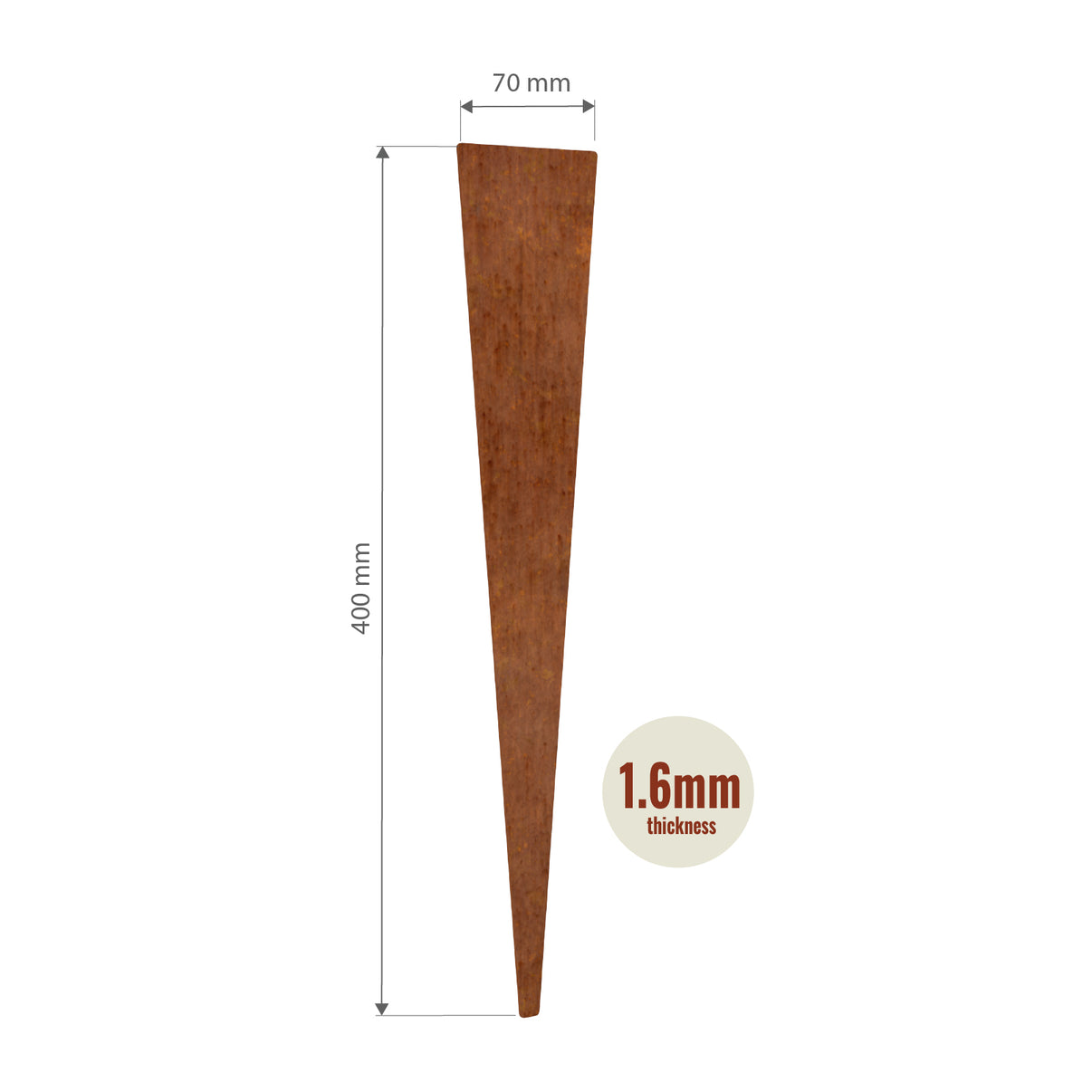 Line drawing showing dimensions of TerraForm corten steel stake, 400 mm high.
