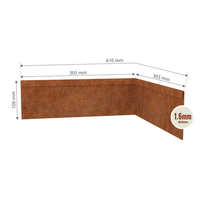 Line drawing showing dimensions of TerraForm corten steel inside corner, 100 mm high by 610 mm wide.