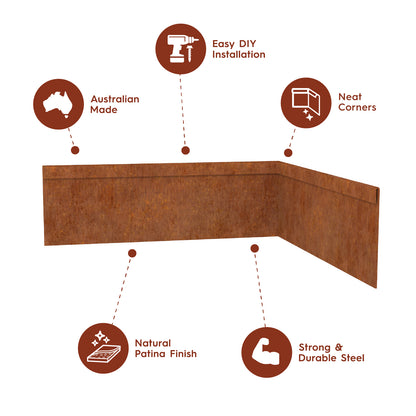 Features and benefits of TerraForm Edging 100mm corten steel inside corner.