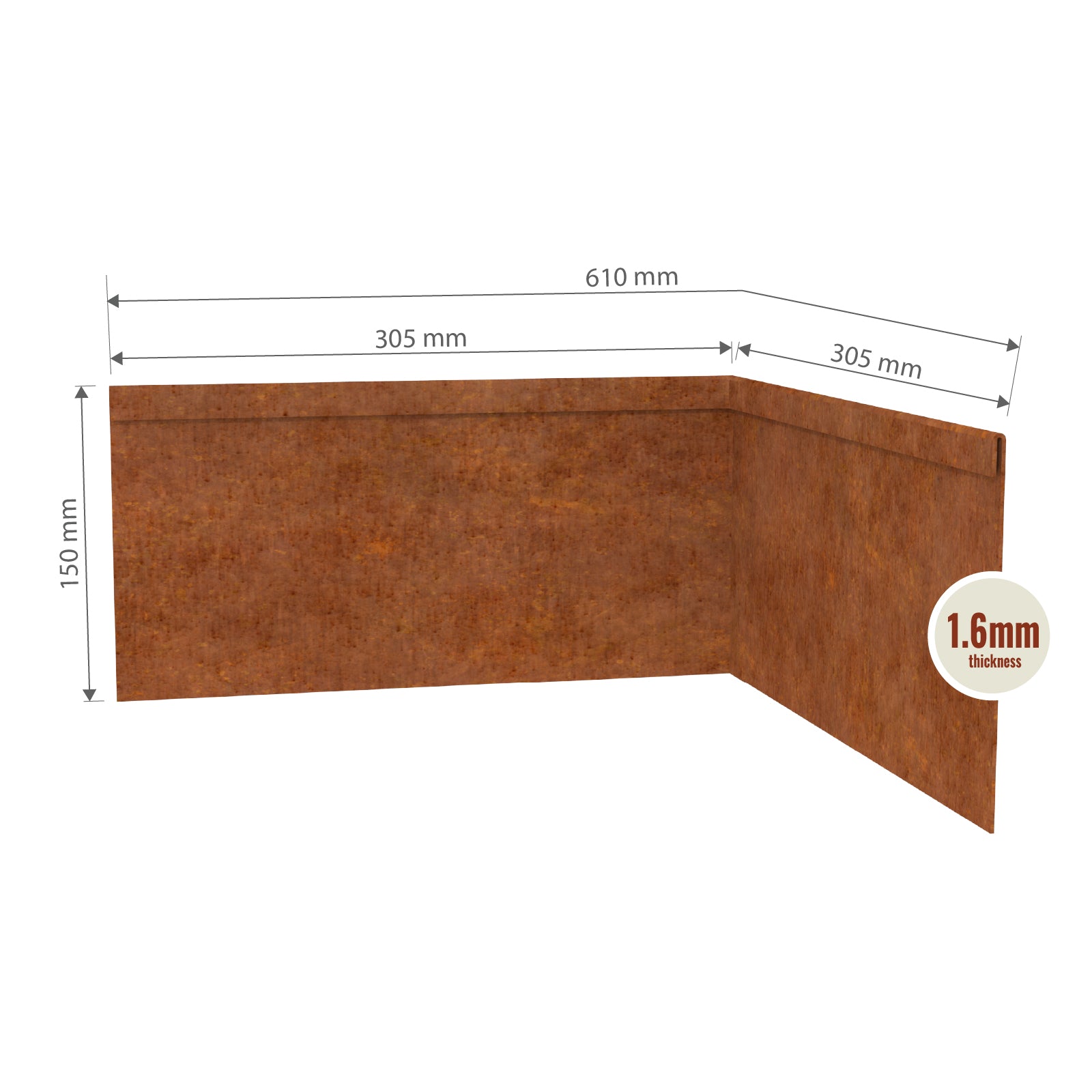 Line drawing showing dimensions of TerraForm corten steel inside corner, 150 mm high by 610 mm wide.