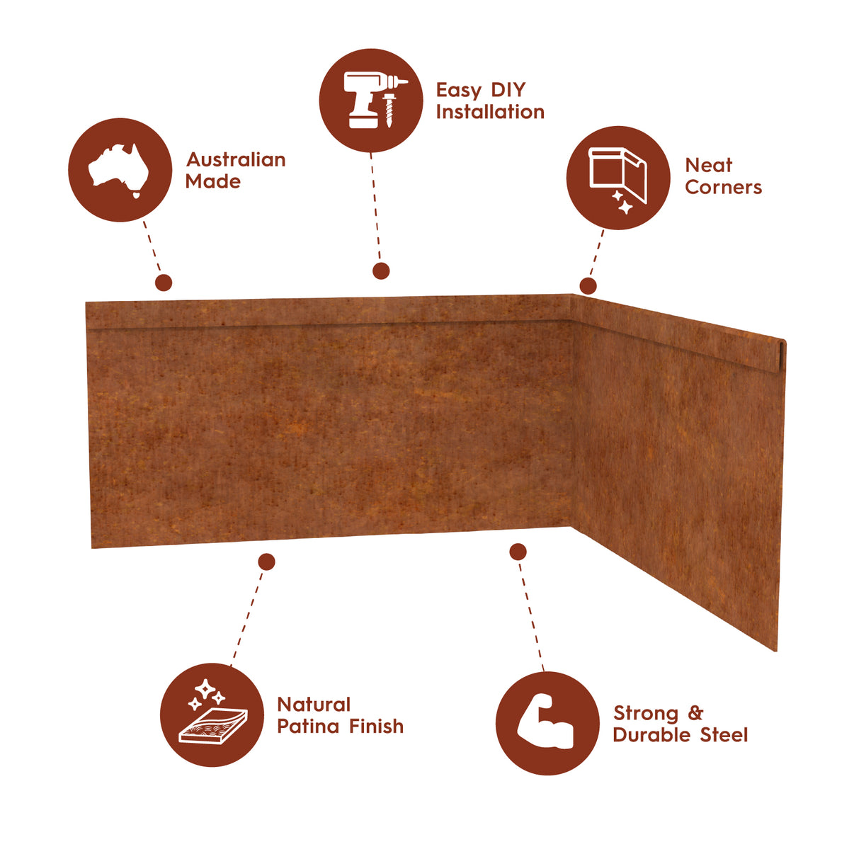 Features and benefits of TerraForm Edging 150mm corten steel inside corner.