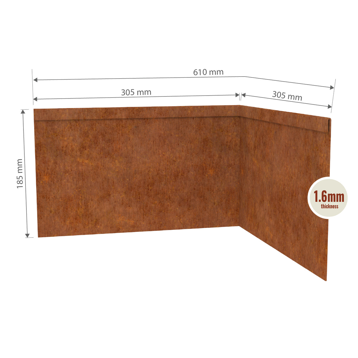 Line drawing showing dimensions of TerraForm corten steel inside corner, 185 mm high by 610 mm wide.