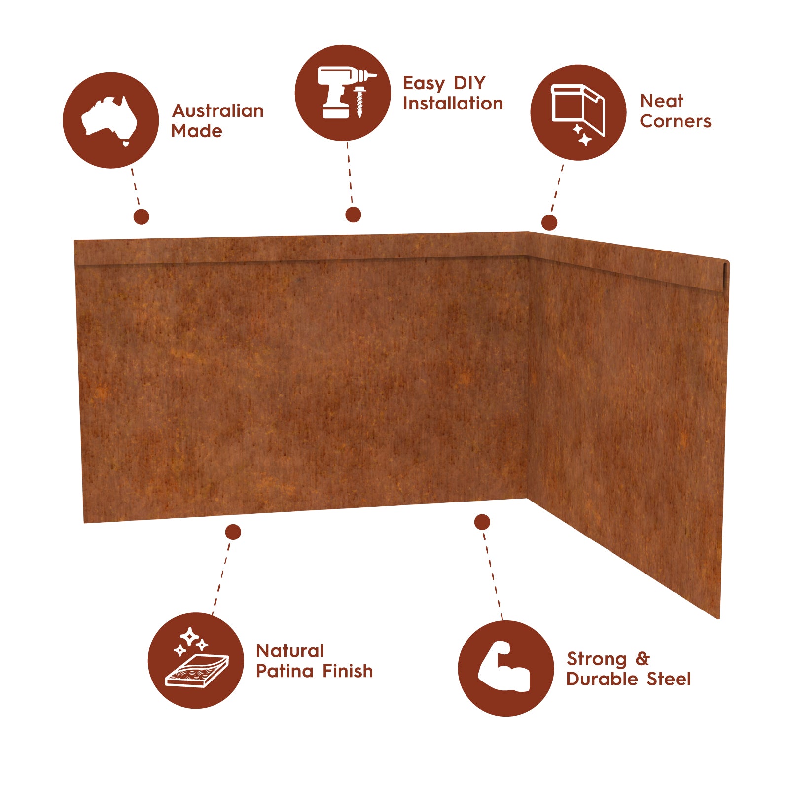 Features and benefits of TerraForm Edging 185mmH corten steel inside corner.