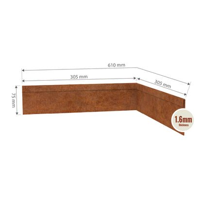 Line drawing showing dimensions of TerraForm corten steel inside corner, 75 mm high by 610 mm wide.