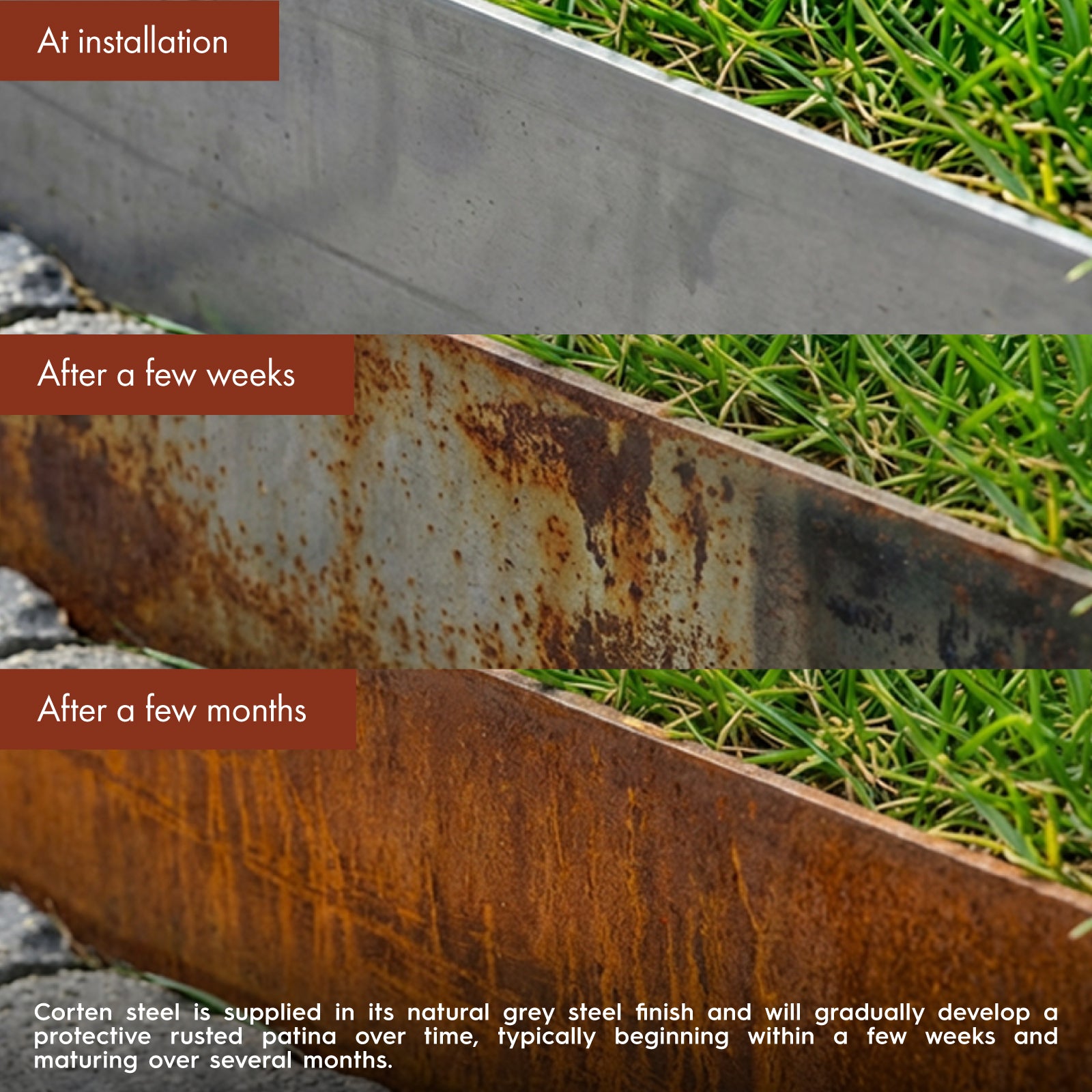 Illustration showing the weathering process of TerraForm corten steel as it transitions from grey steel to rusted patina.
